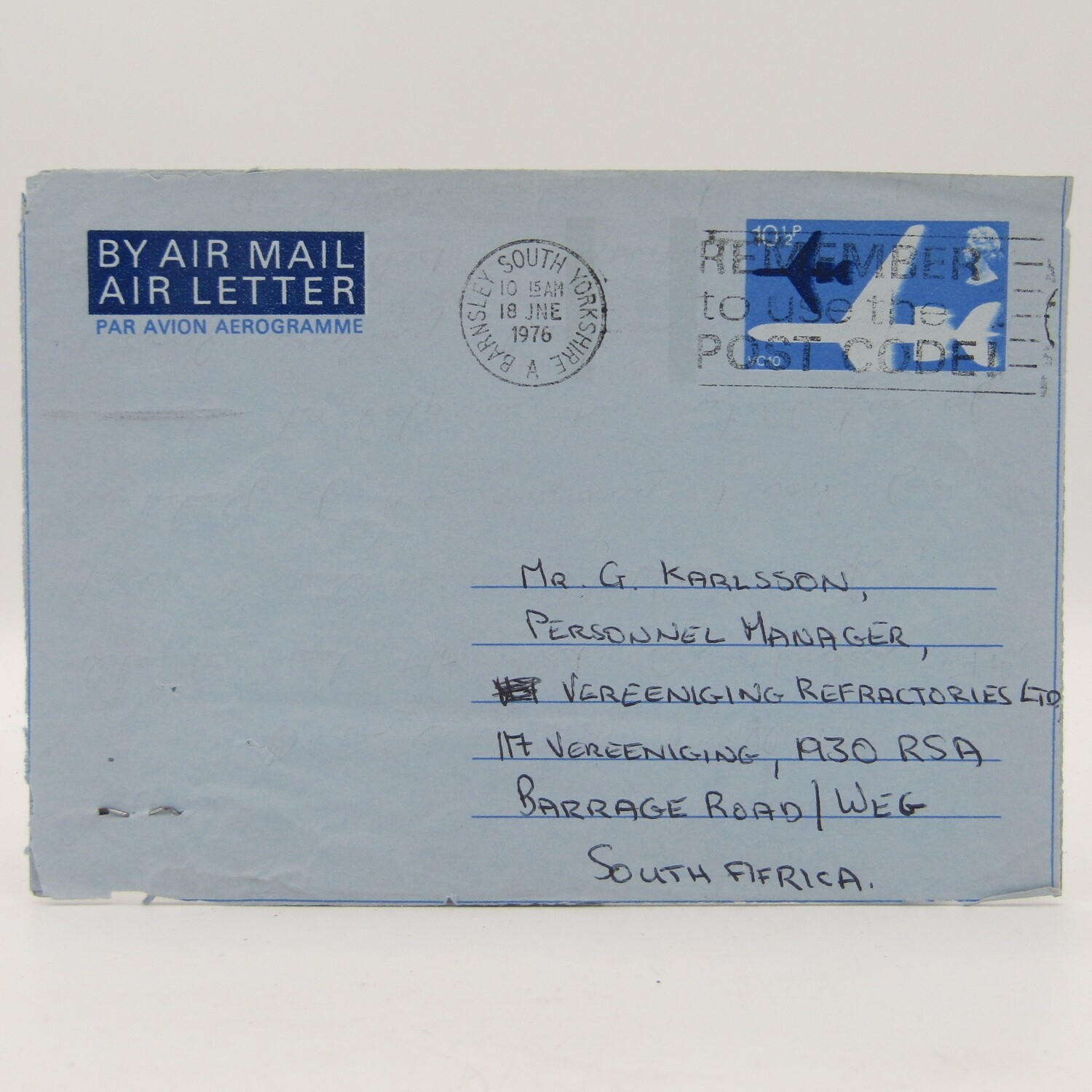 Air Letter sent from Barnsley South Yorkshire to Vereeniging , South Africa