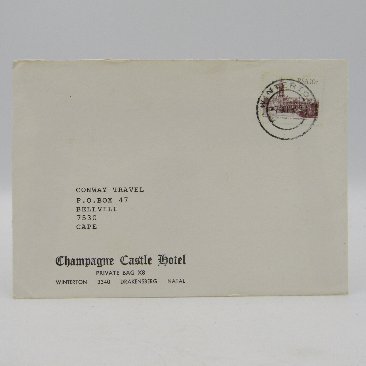 Letter sent on Champagne Castle Hotel Stationery cancelled Winterton and sent to Bellville