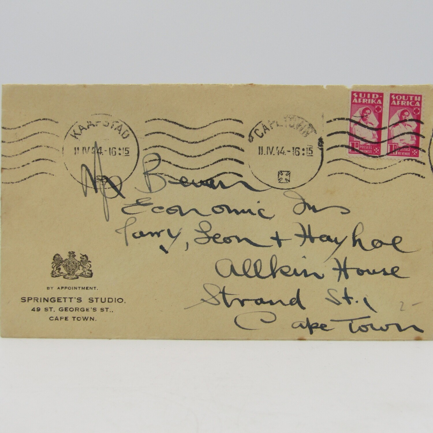 Letter sent from Cape Town to Strand on Springett's studio stationery with 2 war stamps