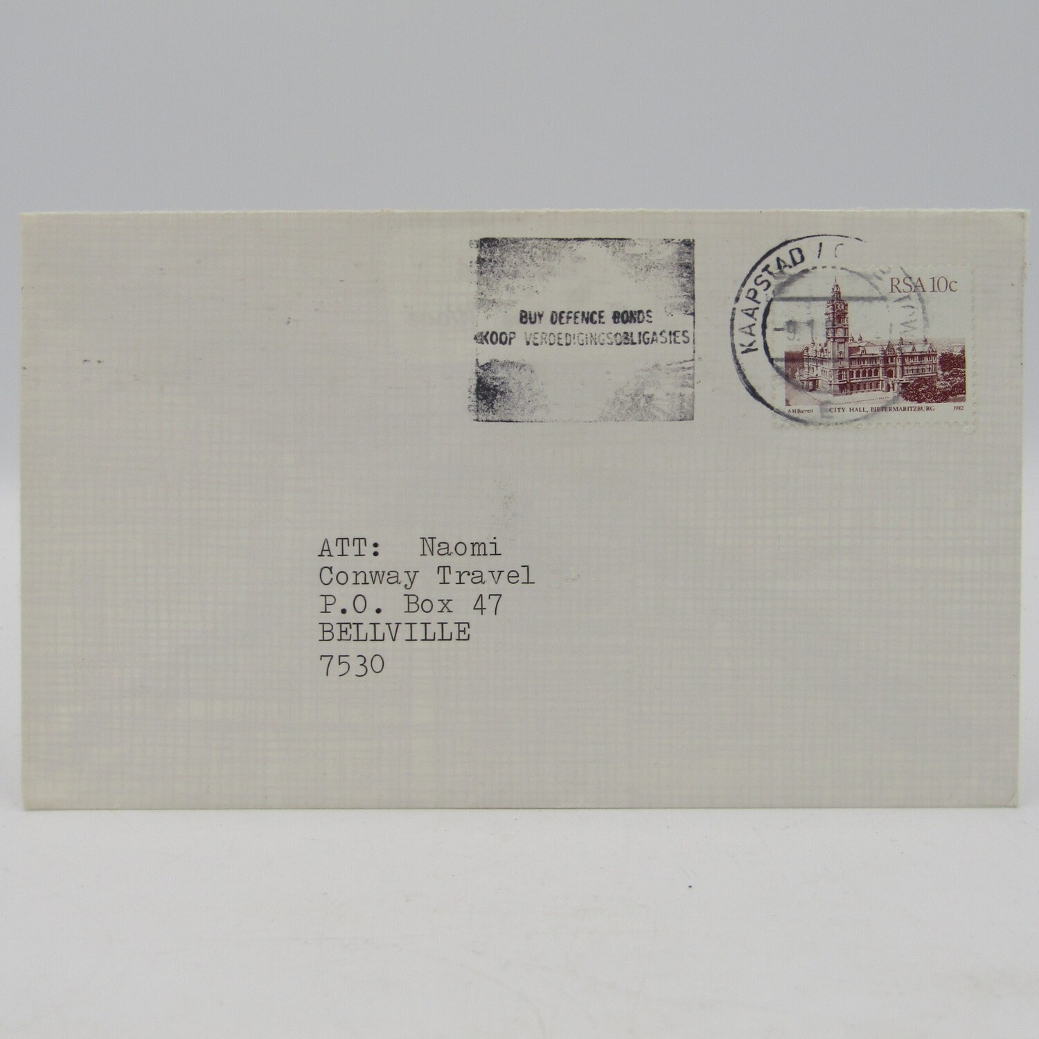 Letter sent to Bellville from Cape Town with Buy Defense Bonds cancellation