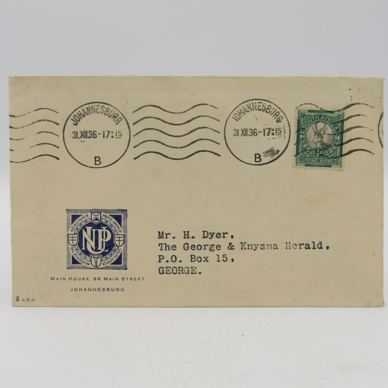 Letter sent on Newspaper press union of South Africa Stationery with 1/2 d Springbok stamp cancelled- Date cancelled (31-12-1936)