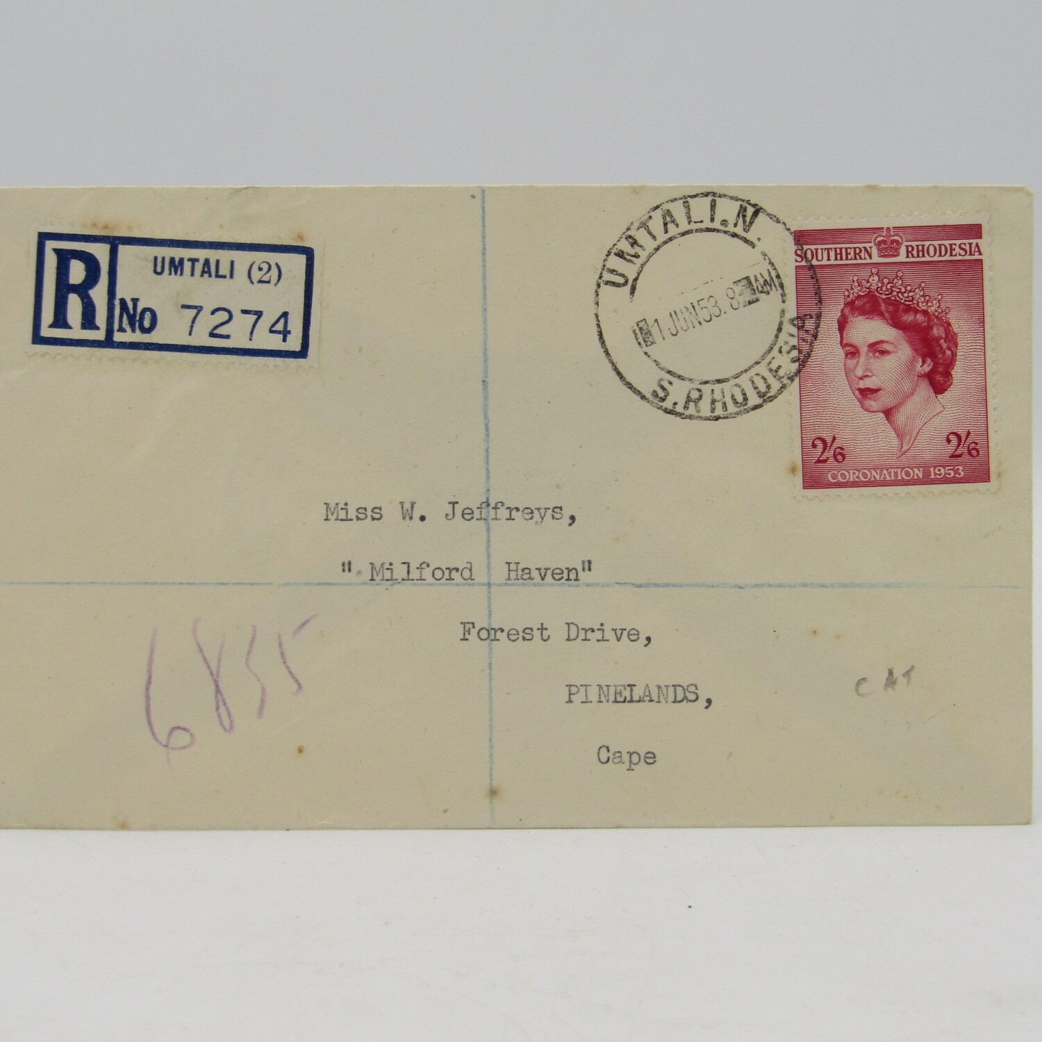 Registered letter sent from Umtali (2) (North) to Pinelands, South Africa
