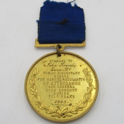 Medal awarded to John Soverby in 1905 for attendance and good conduct by the Liverpool Education committee