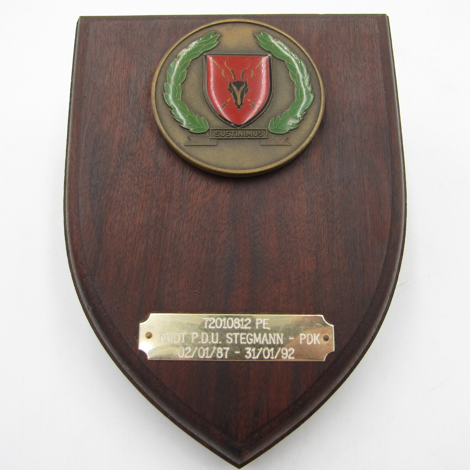 SA Army Headquarters plaque issued to commandant PDU Stegman 1987-1992