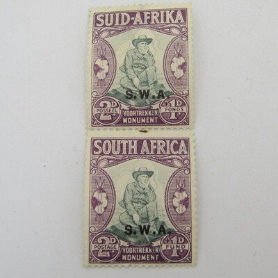 South West Africa 2d + 1d Voortrekker memorial fundstamp SACC 121b - overprint shifted to the bottom - vertical pair
