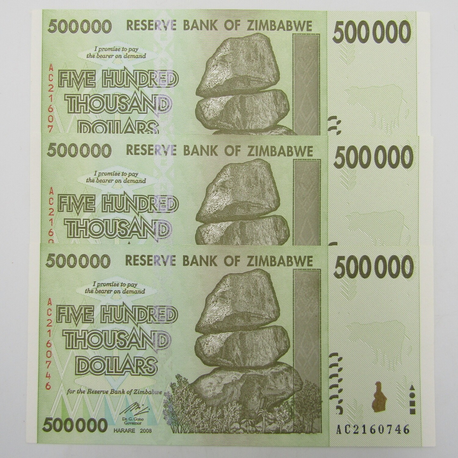 Zimbabwe Uncirculated set of 3 banknotes with consecutive numbers - $500 000 Harare 2008