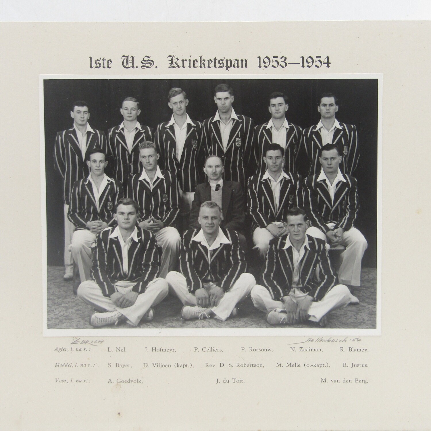 Stellenbosch University 1953/54 First Cricket team photo with names
