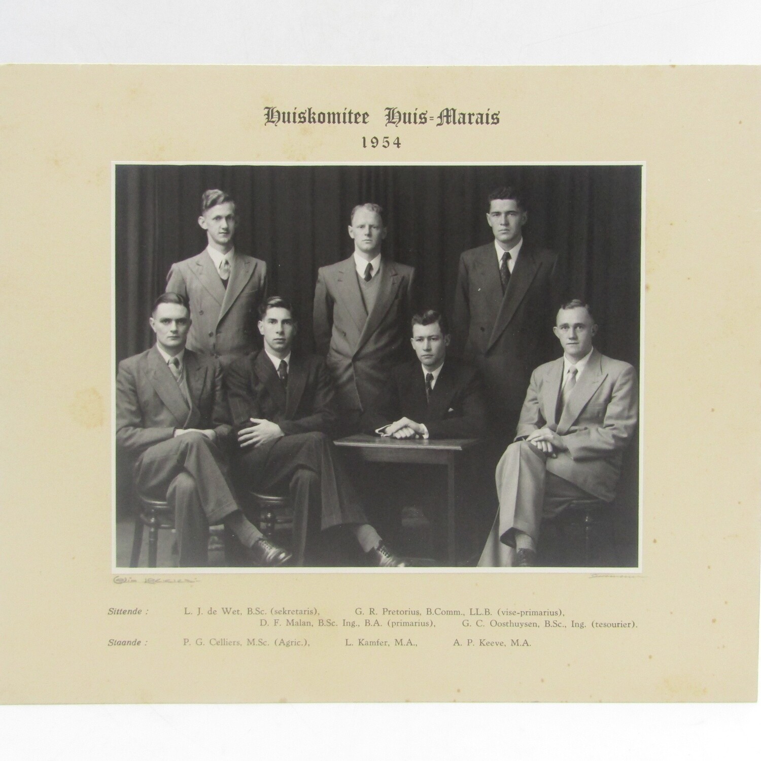 1954 Photo of House Committee of House Marais at Stellenbosch University with names