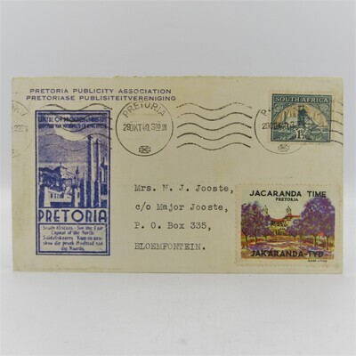 South Africa Pretoria Jacaranda Time 29/10/1940 envelope with mining stamp plus unused Jacaranda time cinderella