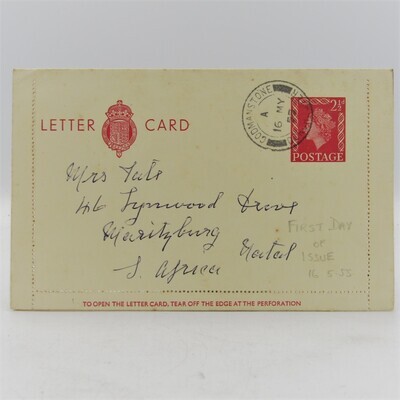 16 May 1955 letter card with 2 1/2d pre card printed postage and first day usage