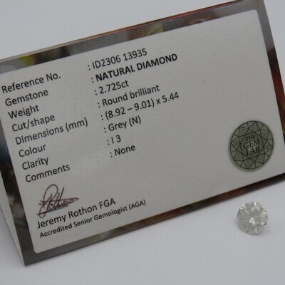 Natural Round Brilliant diamond of 2,725ct with GEMLAB certificate - colour N, I3