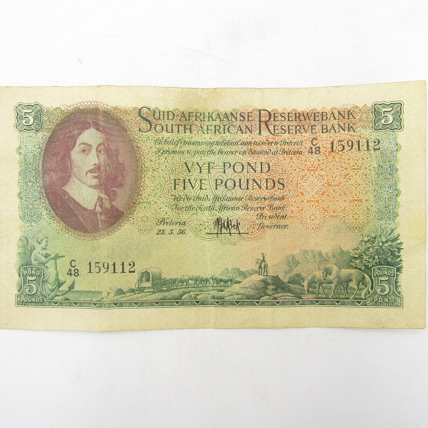 South Africa 1956 Afrikaans over English Five Pounds C48 banknote - VF+