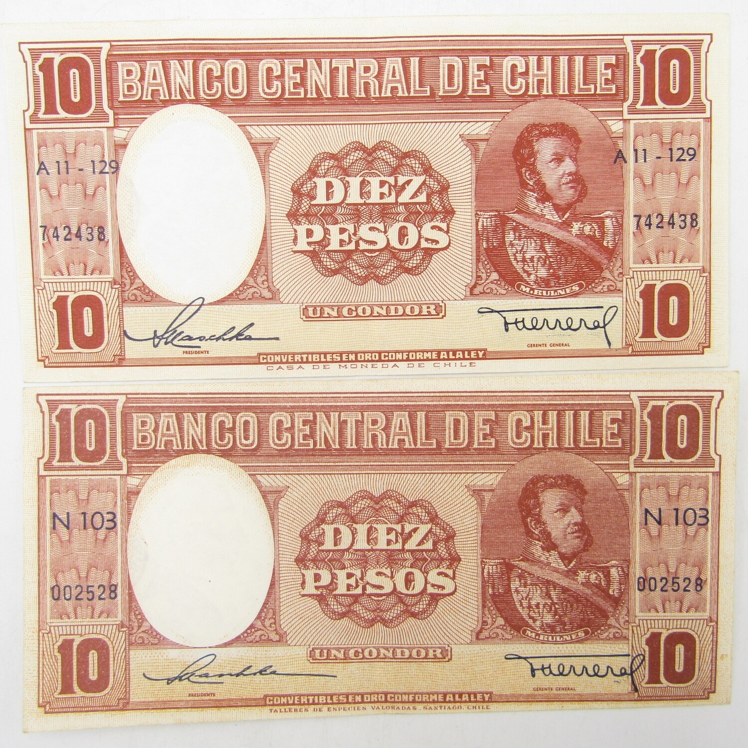 Chile 10 Pesos banknote (1 Condor) Maschke &amp; Herrera - 2 variations AU+ and UNC