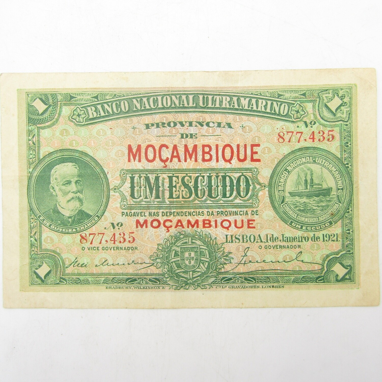 Mozambique 1 Escudo banknote 1921 - VF+ with creases