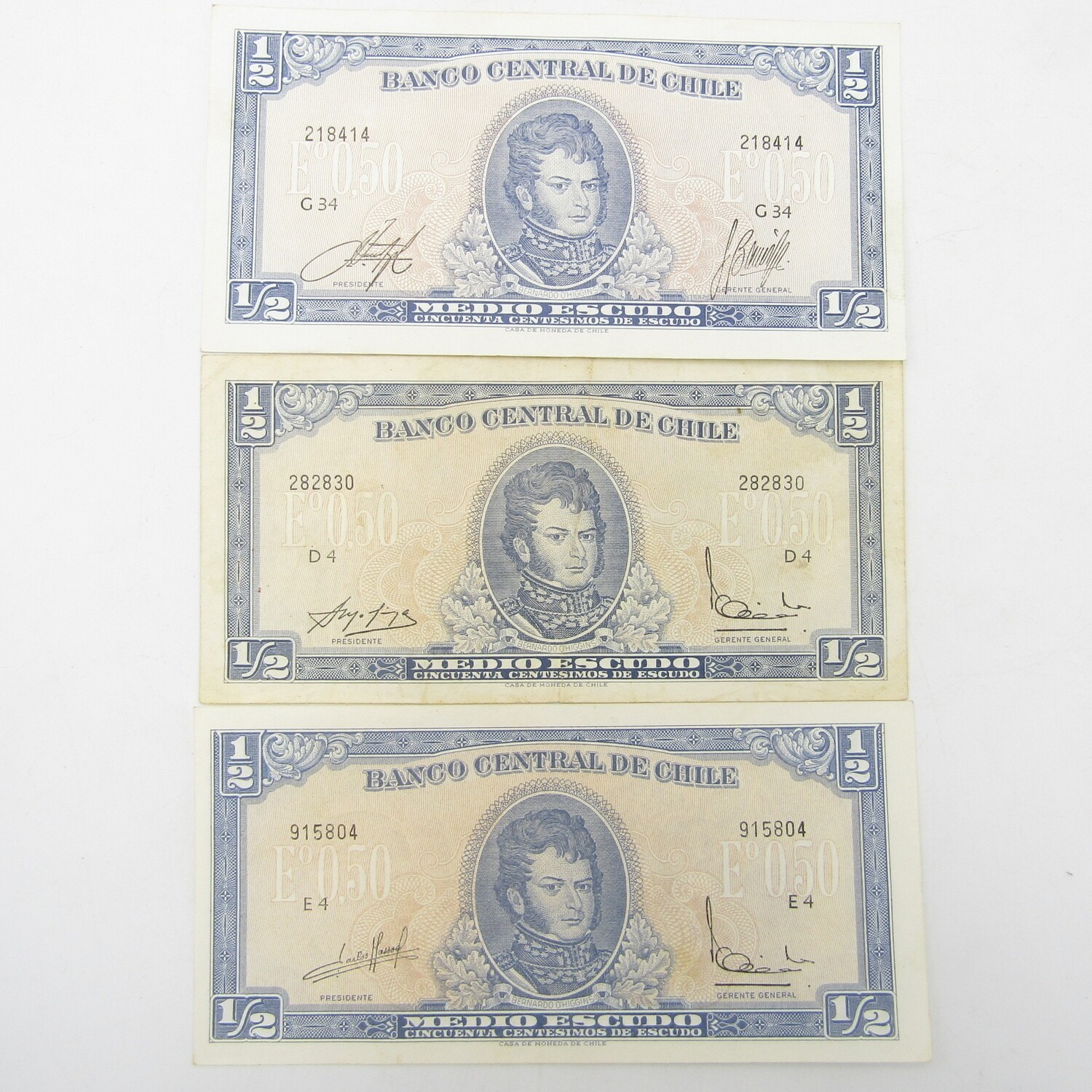 Chile Half Escudo notes - 3 different signature variations UNC, AU &amp; VF