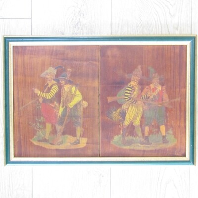 Pair of Antique wooden hanpainted cabinet inserts with paintings of 18th Century Cape Dutch hunting scenes
