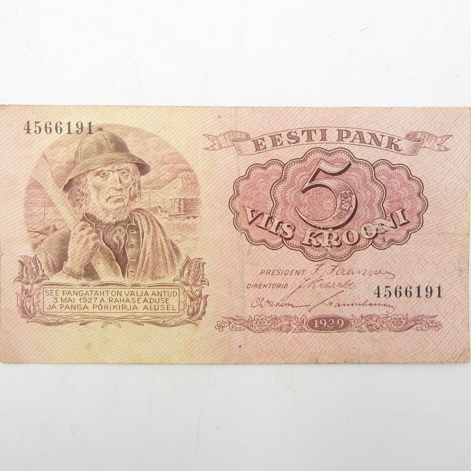 Estonia 5 Krooni banknote 1929 (pin hole &amp; fold)
