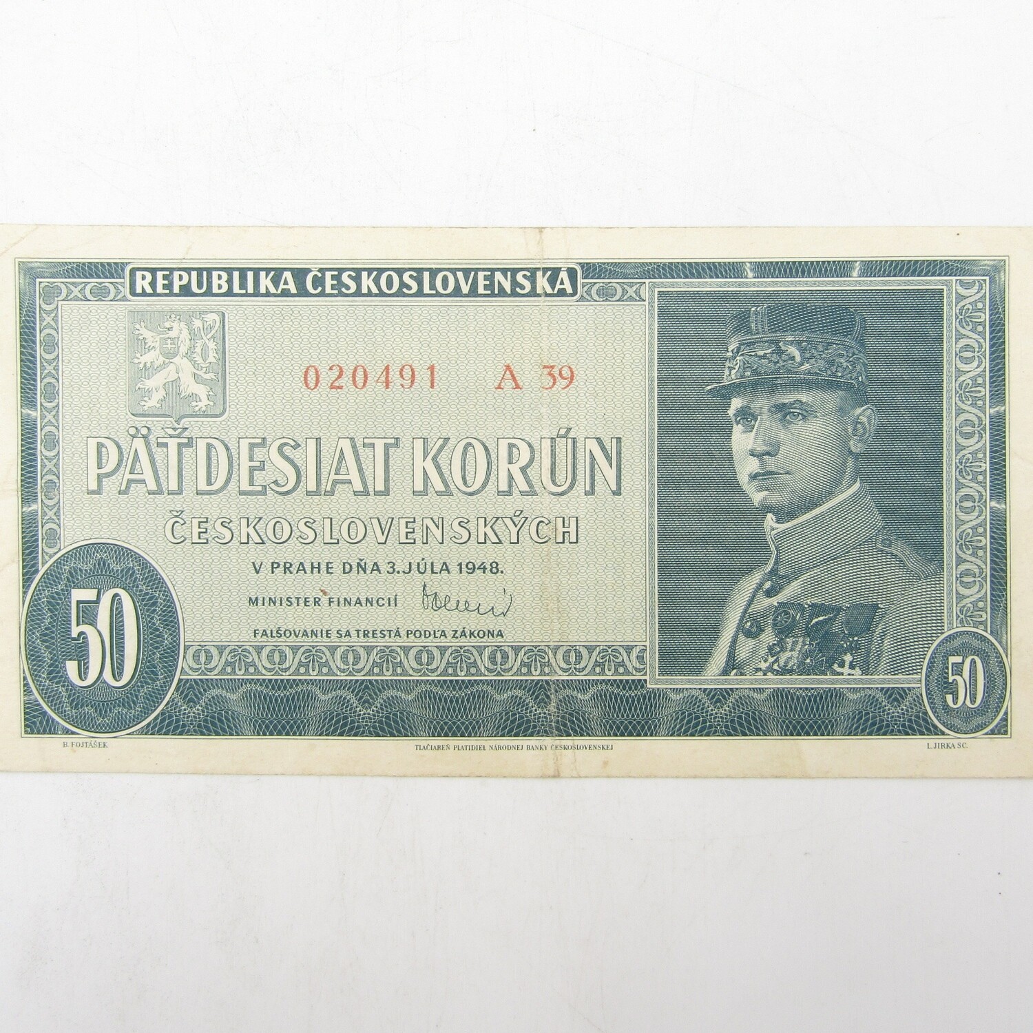Ceskoslovenska 50 Korun banknote 1948 XF