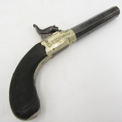 Antique muzzleloader percussion cap pocket pistol with markings - fold out trigger - removable barrel