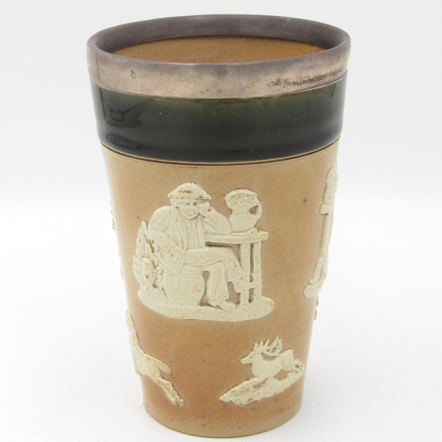 Antique Doulton Lambeth England stoneware tumbler with hallmarked silver rim