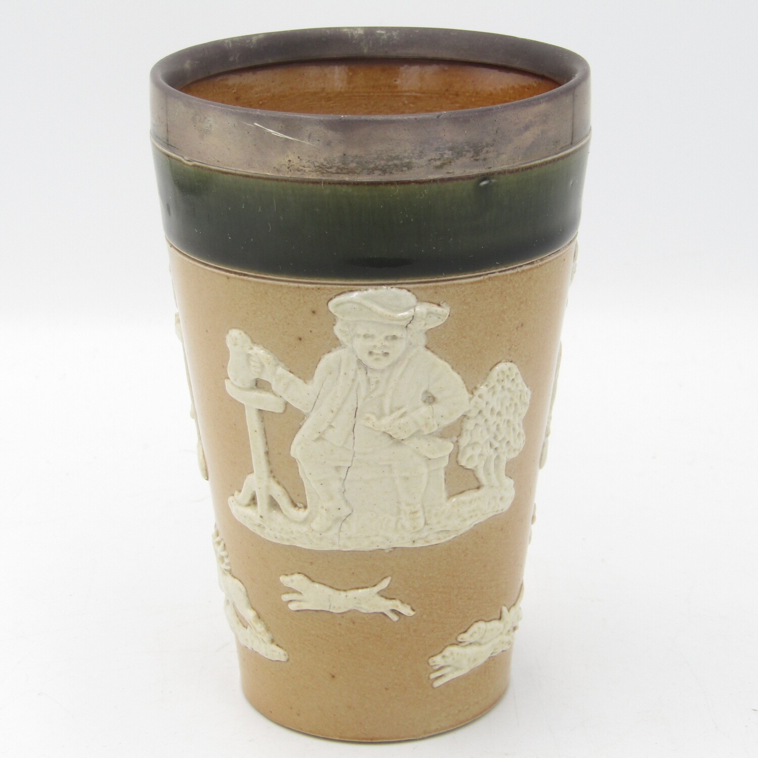 Antique Doulton Lambeth England stoneware tumbler with hallmarked silver rim