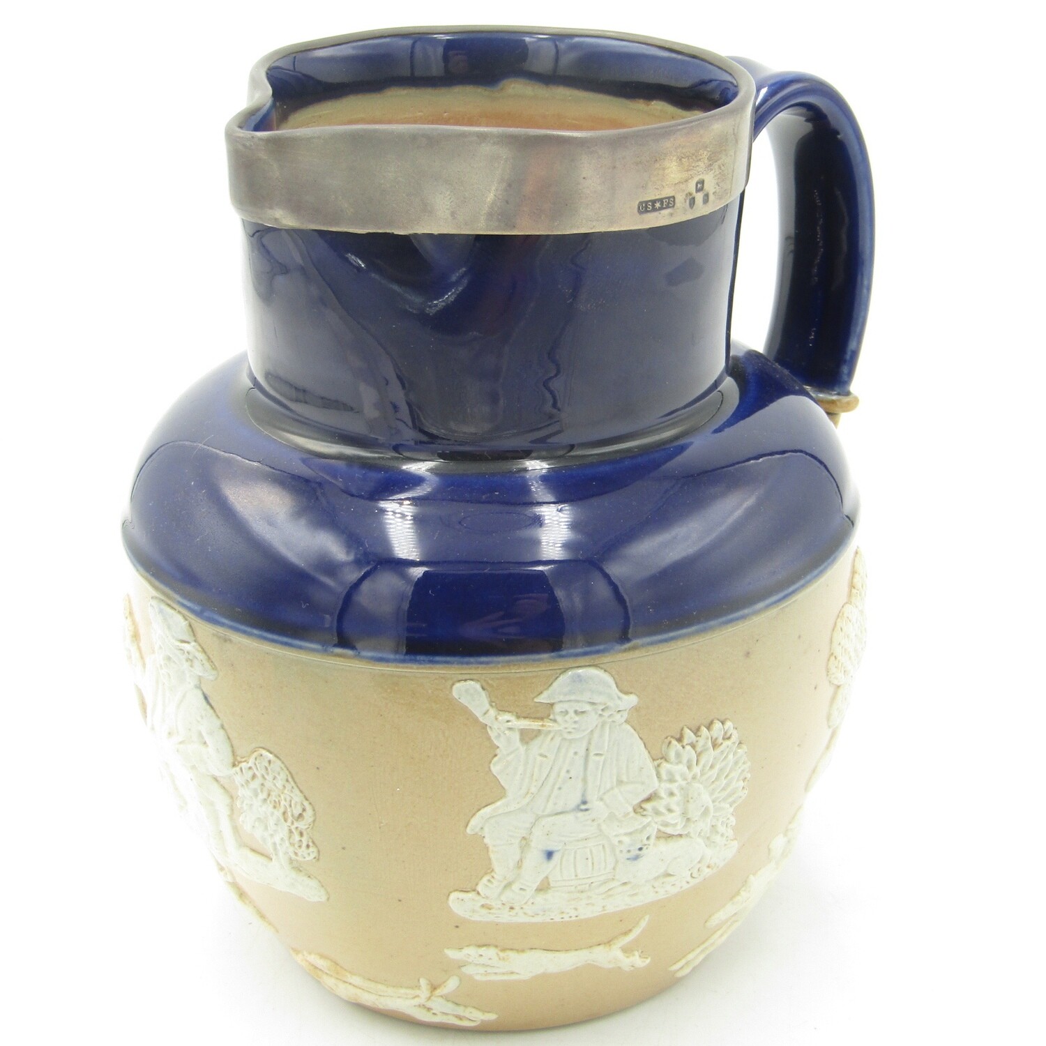 Antique Doulton Lambeth stoneware pitcher with hallmarked silver rim - hallmarked London 1898