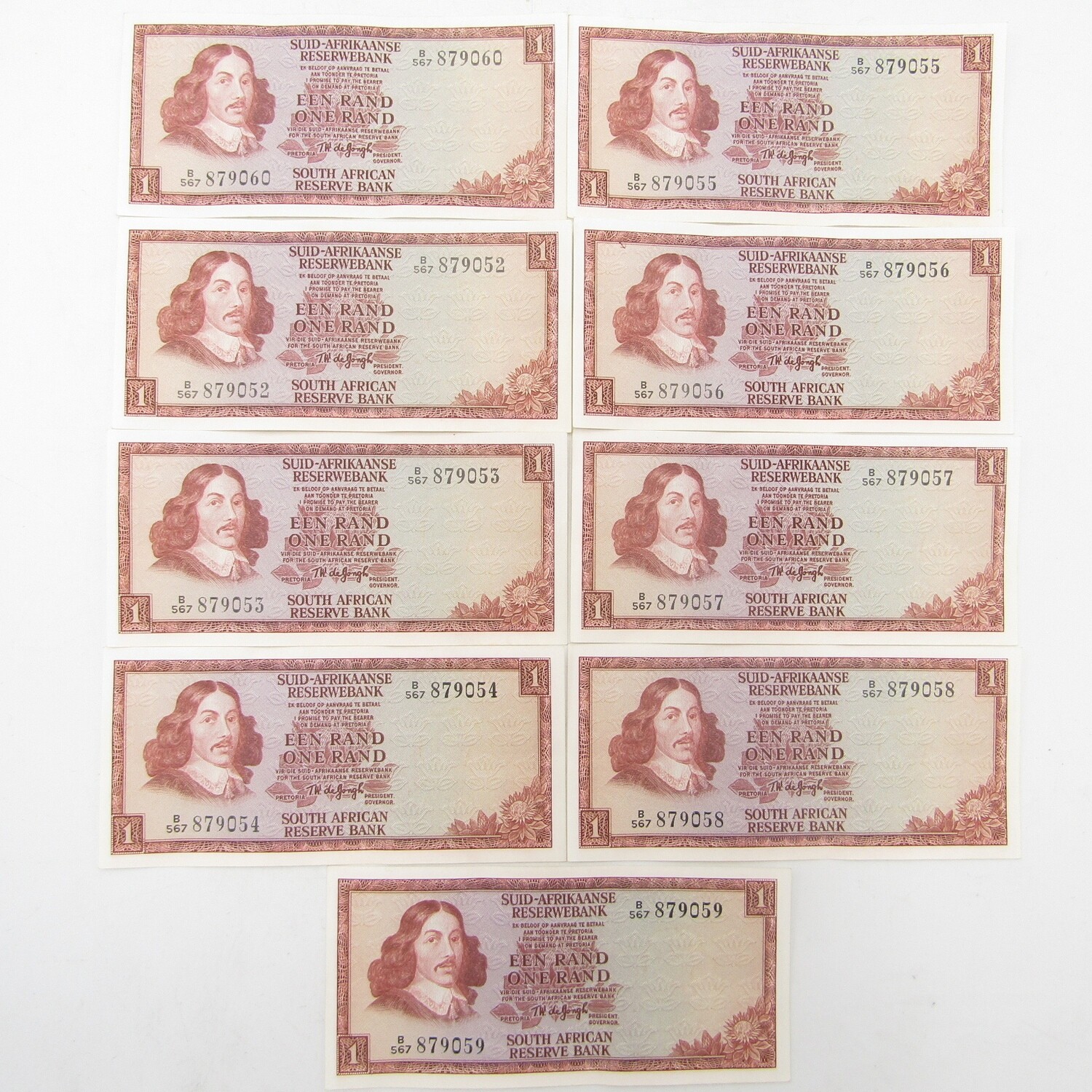 TW de Jongh lot of 9 x R1 banknotes in sequence - 3rd issue