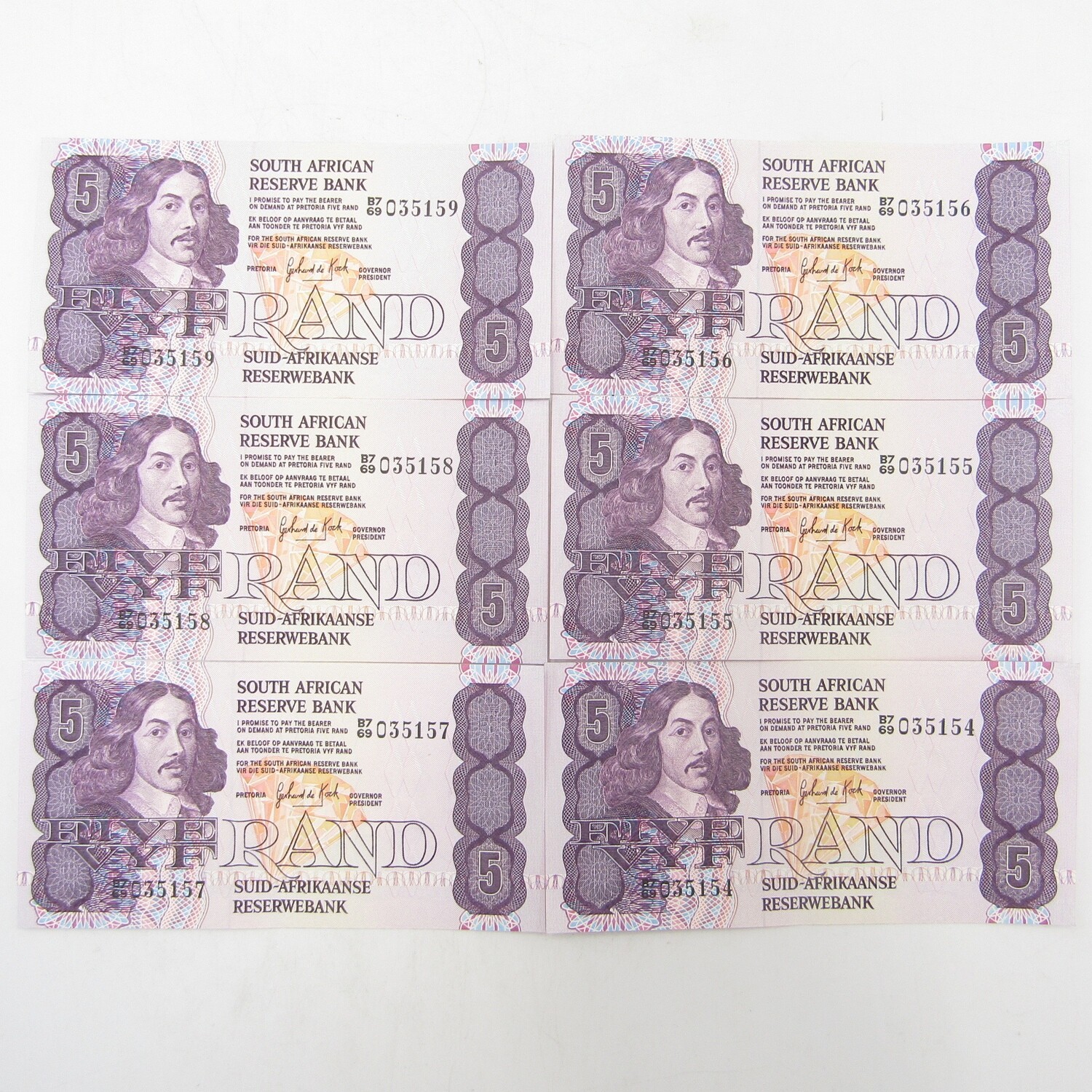 GPC de Kock 3rd Issue lot of 6 uncirculated R5 banknotes in sequence
