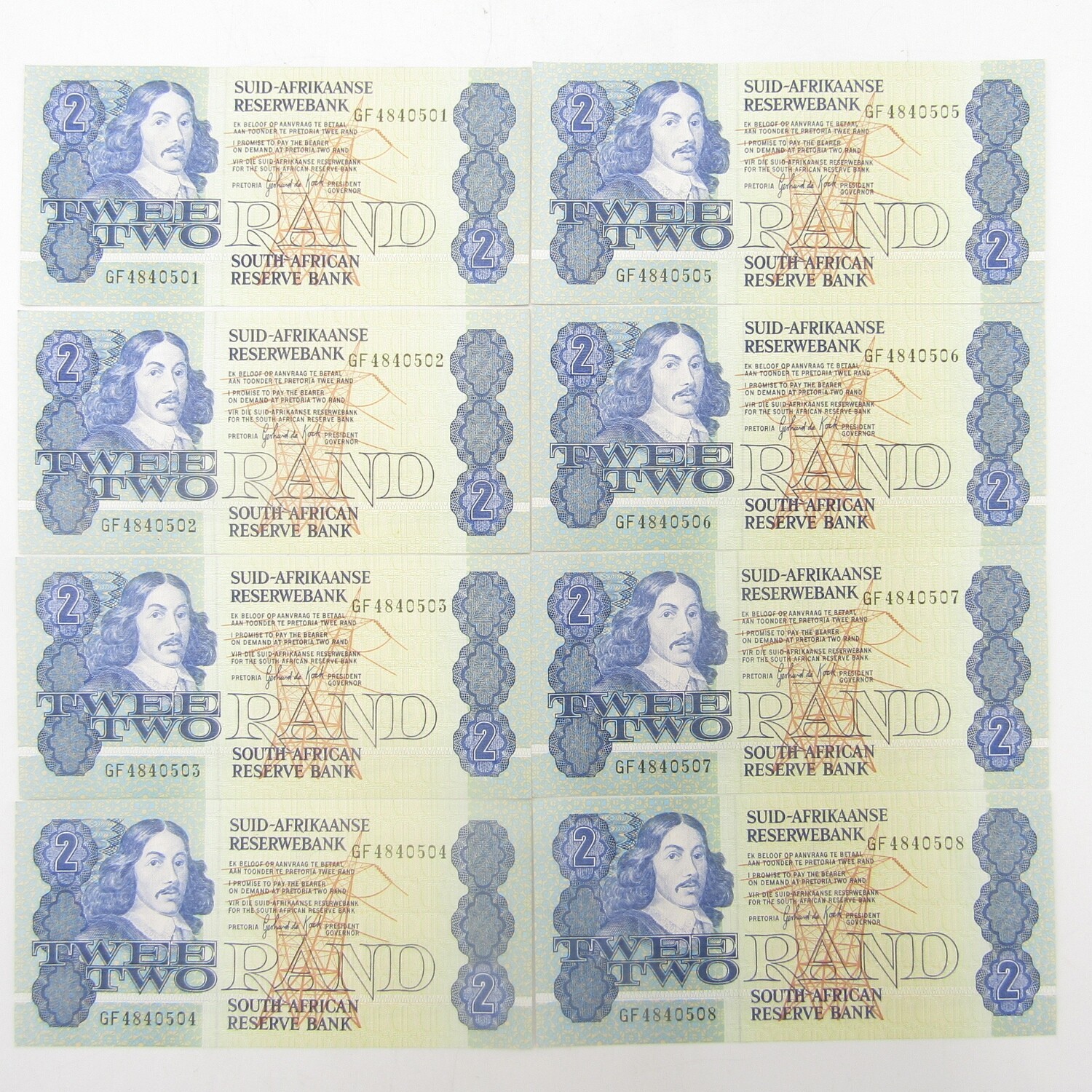 Lot of 8 x 1984 GPC de Kock R2 banknotes with consecutive numbers