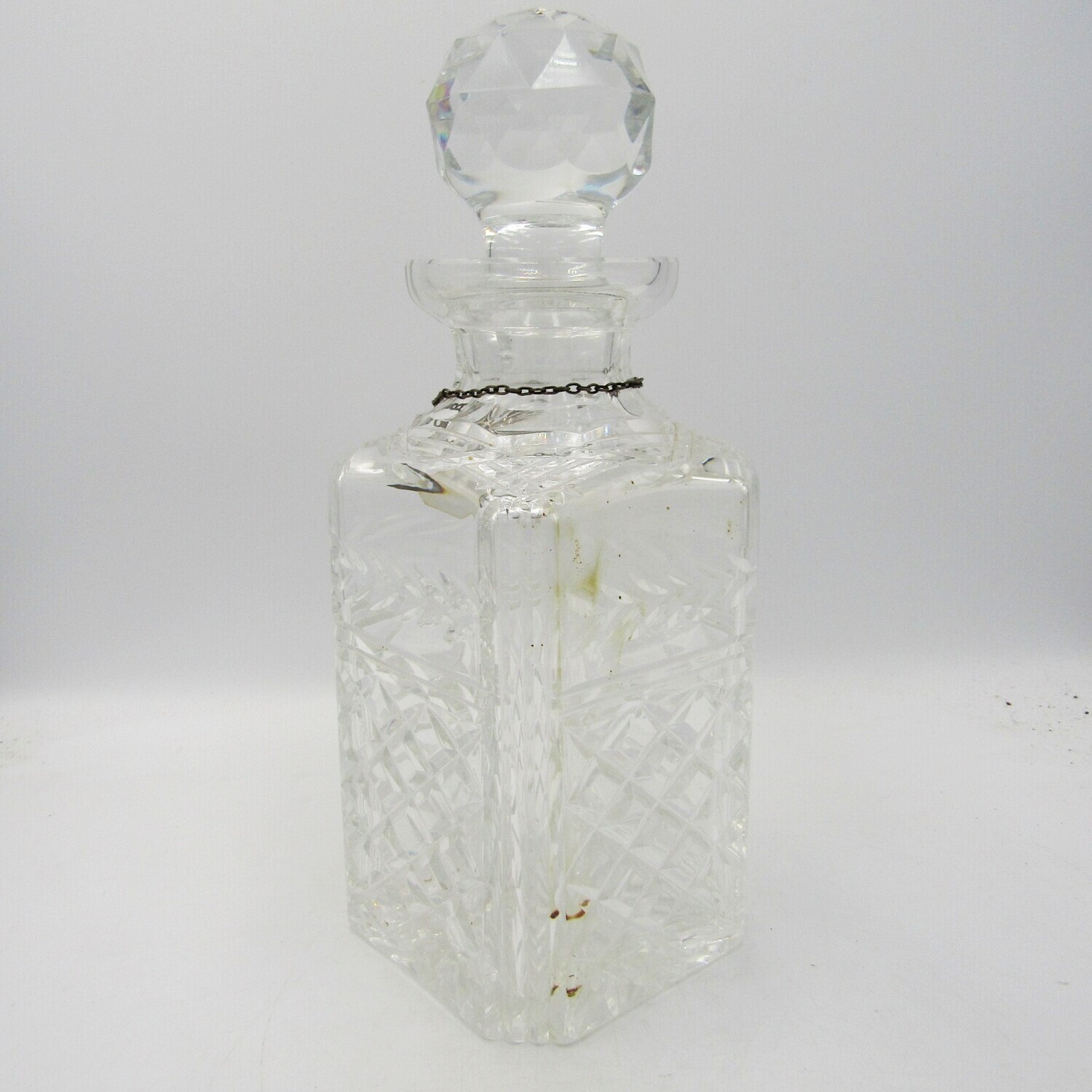 Vintage Staurt Crystal Whiskey decanter with hallmarked sterling silver necktag - fine chips on side