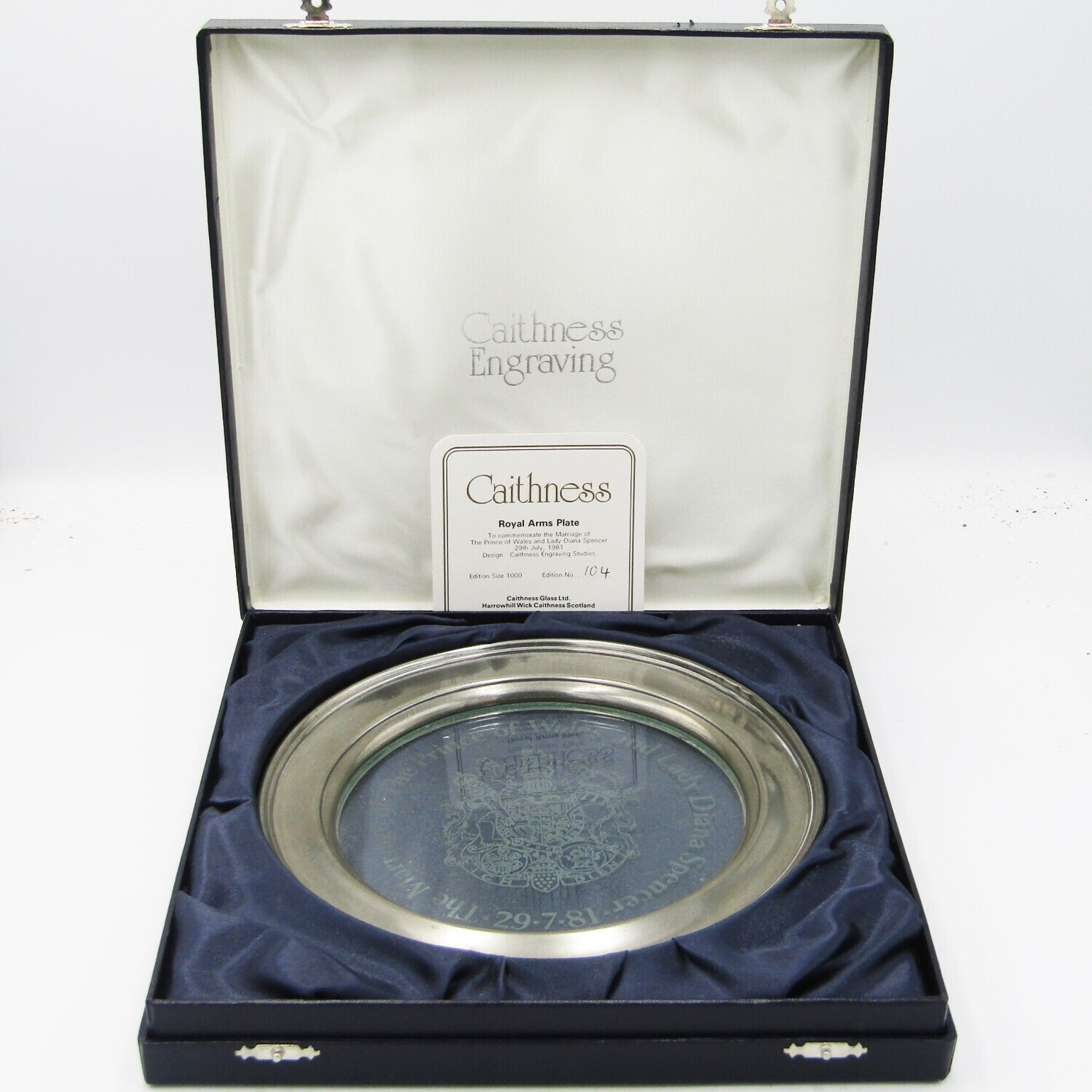 Vintage Caithness Engraving Royal Arms pewter with glass plate in case