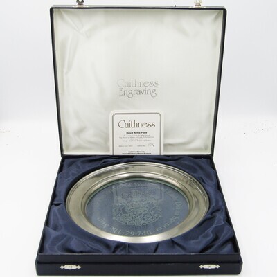 Vintage Caithness Engraving Royal Arms pewter with glass plate in case