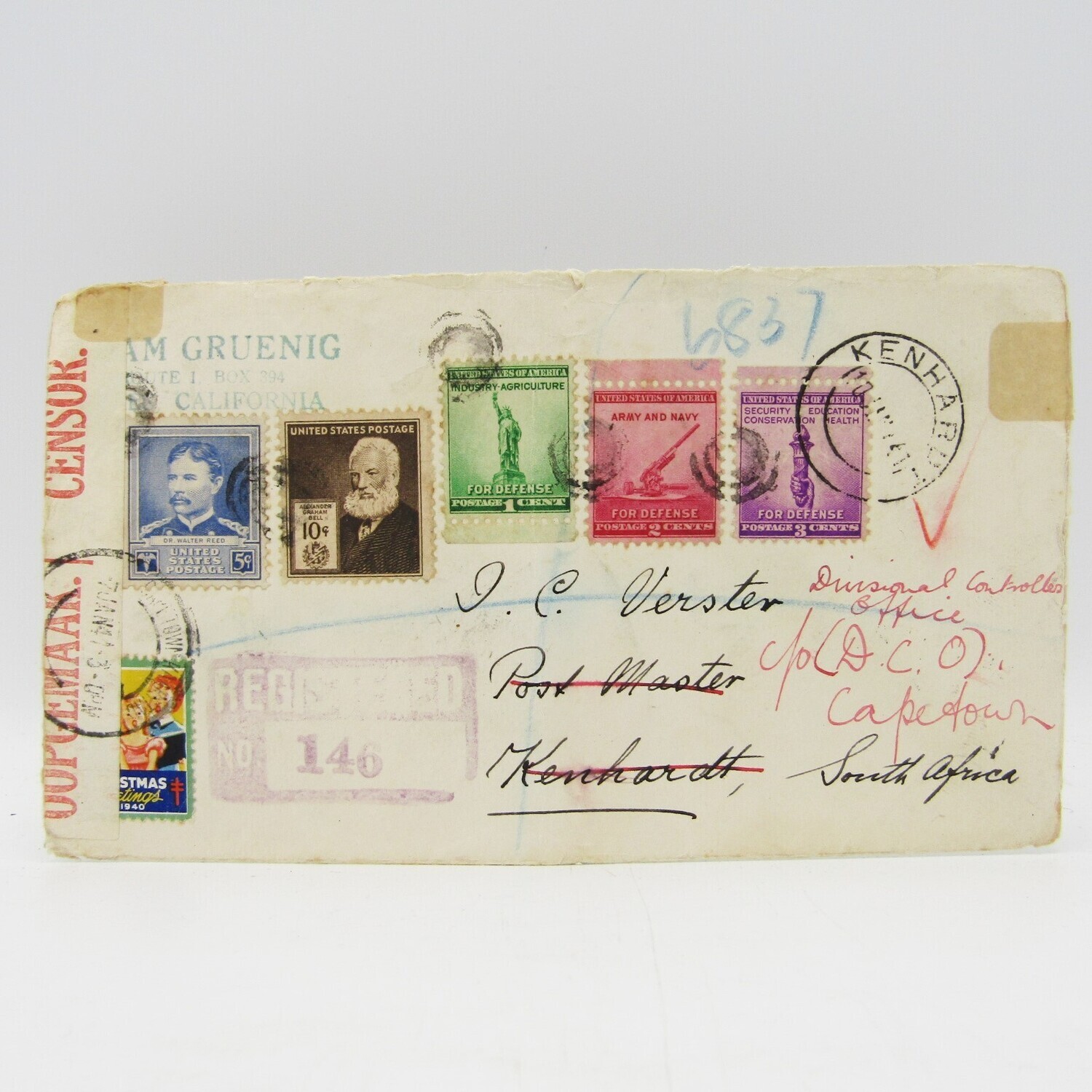 Registered letter posted from Ceres California through New York to Kenhardt, South Africa and rerouted to Cape Town