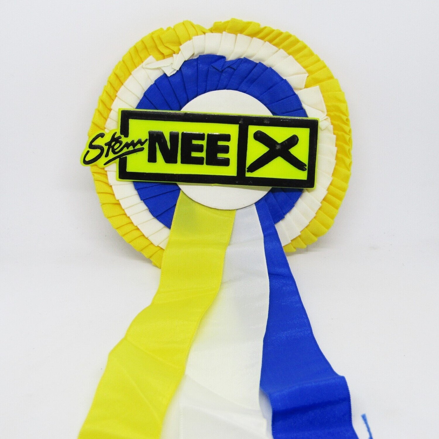 Original 1983 referendum South Africa Stem Nee badge on orange, white and blue rosette
