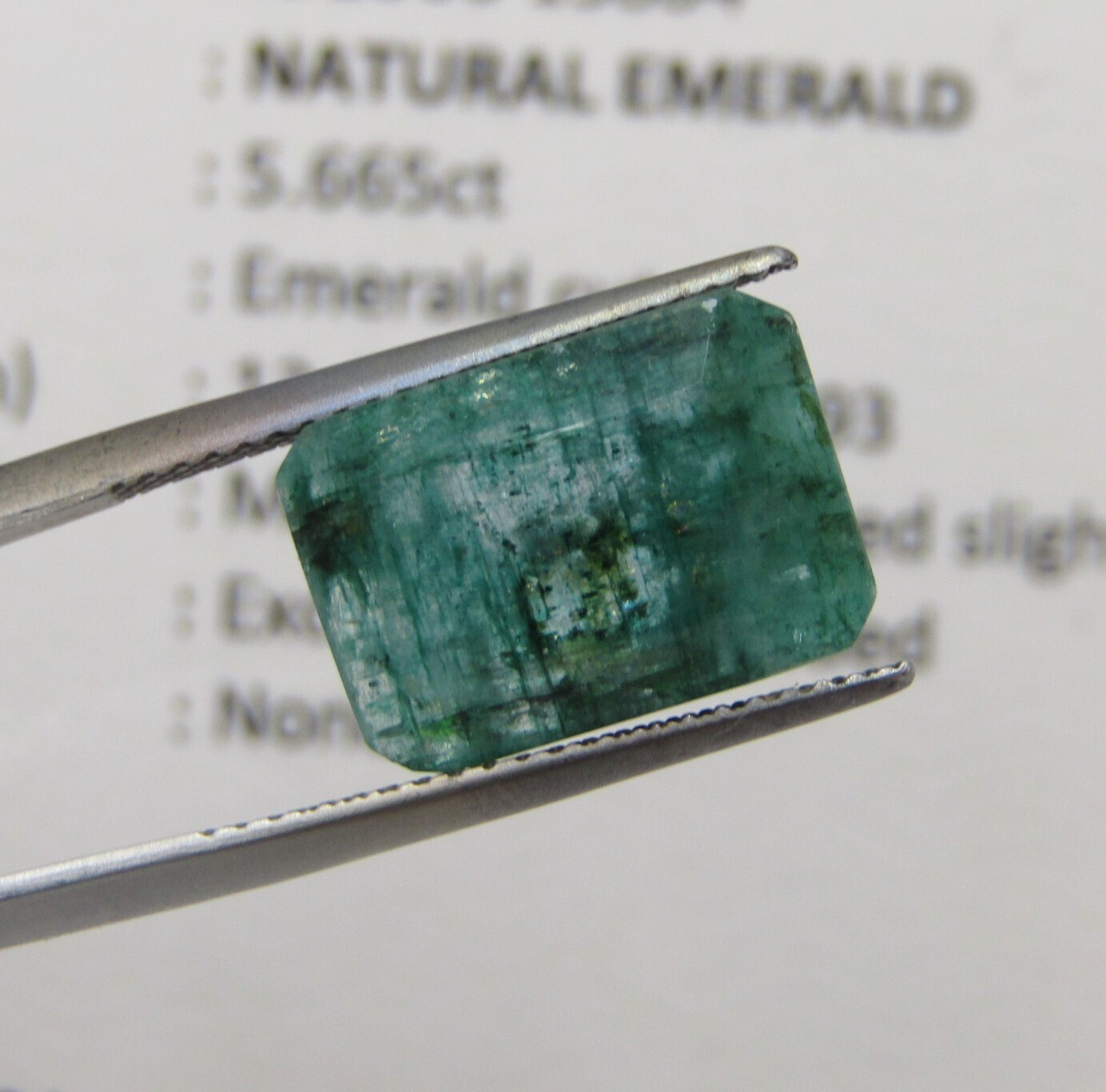 Natural Emerald of 5,66 carat Emerald cut medium dark toned slight bluish green with Gemlab certificate