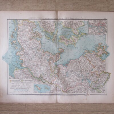 1901 Map of German States Schleswig - Holstein, Mechlenburg, Hamburg etc on A2 - Scaled 1 : 750 000