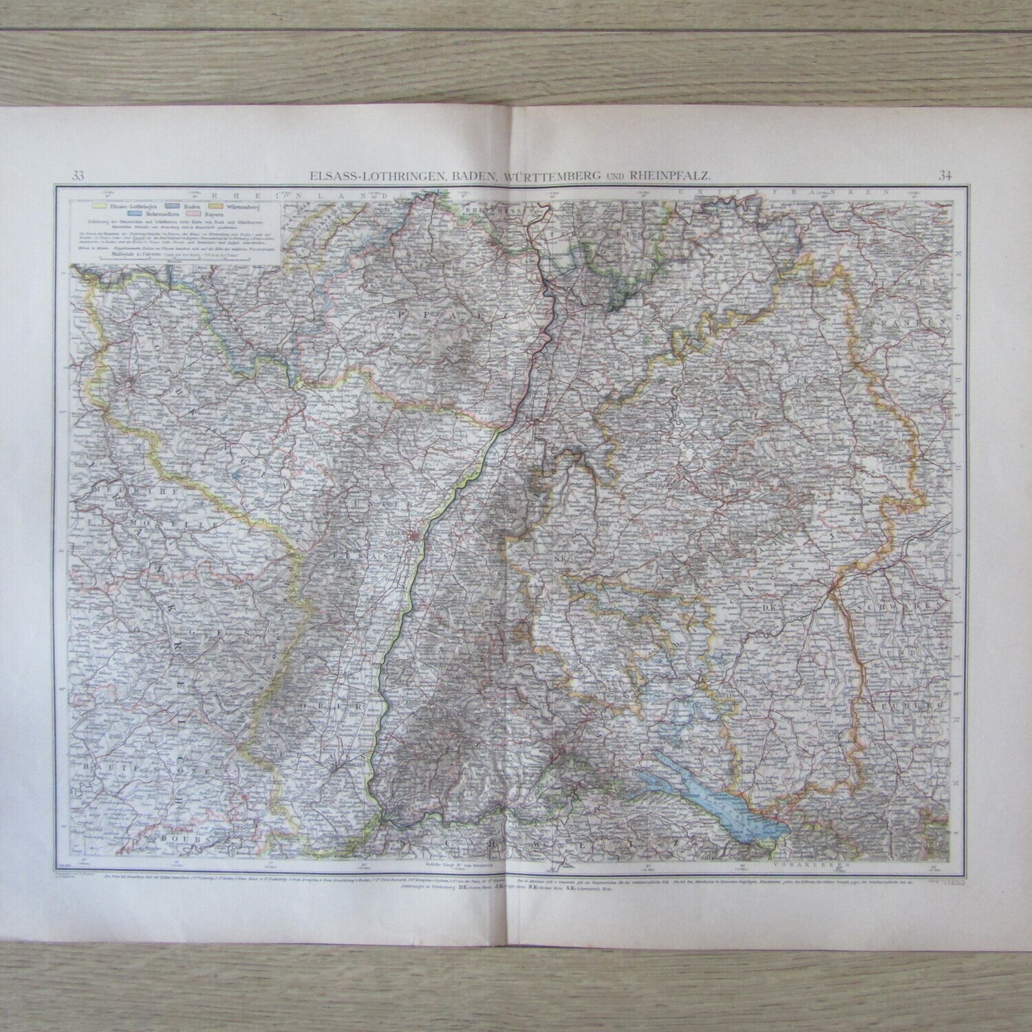 1901 Map of German states Baden, Wurttemberg etc on A2 - Scaled 1 : 750 000