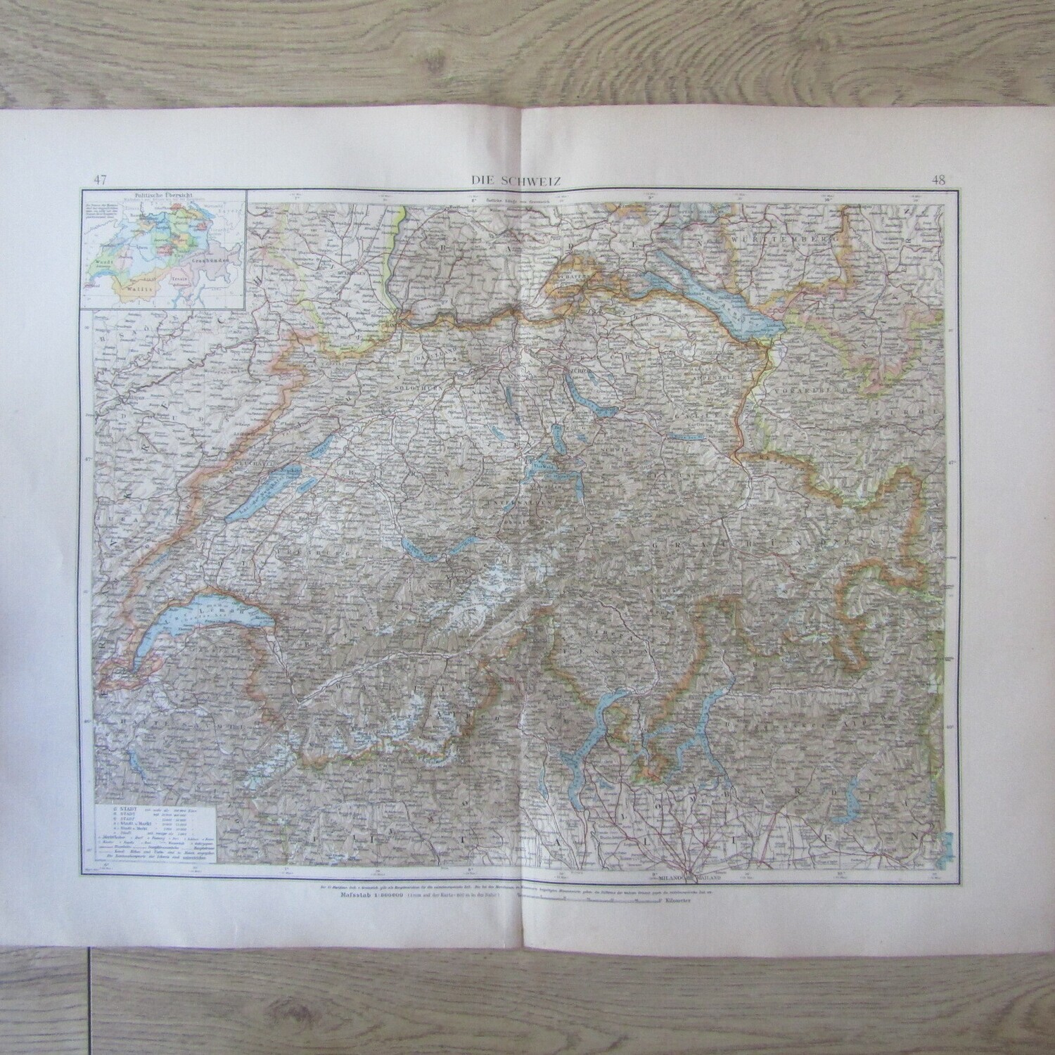 1901 Map of Switzerland and surrounds on A2 - 1 : 800 000 scale