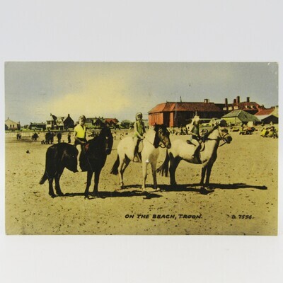 Color postcard of 3 young girls on horseback on the beach - 1953