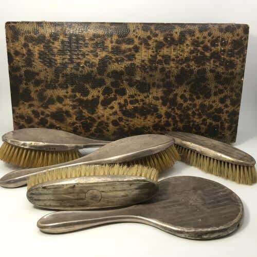 Vintage Silver Grooming Set with 4 Brushes a Mirror ( Slightly damaged ) Hallmarked