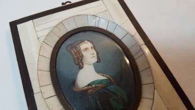 Antique miniature portrait painting by JK Stieler in wood and bone frame