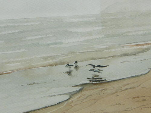 Vintage Grant Wood seascape watercolour painting