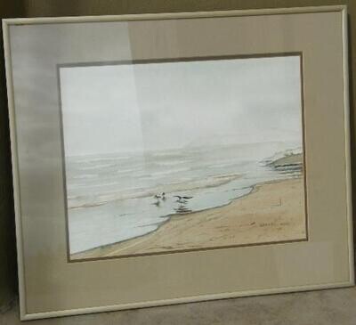 Vintage Grant Wood seascape watercolour painting