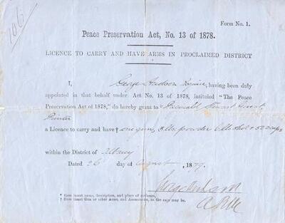 Ephemera - 1879 Licence to carry and have arms issued by George Audoon to Reginald Stewart Guest