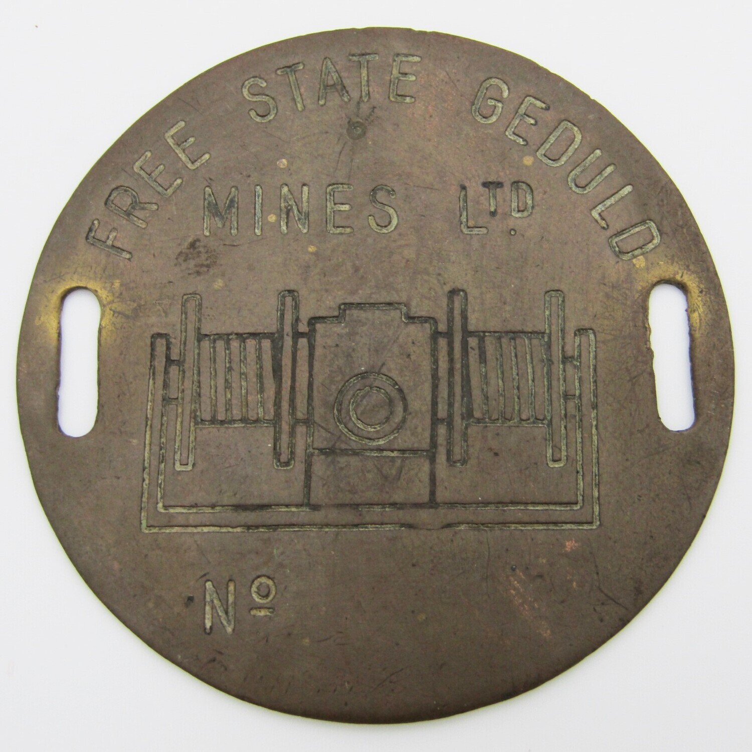 Vintage Free State Geduld Mines brass arm badge #390