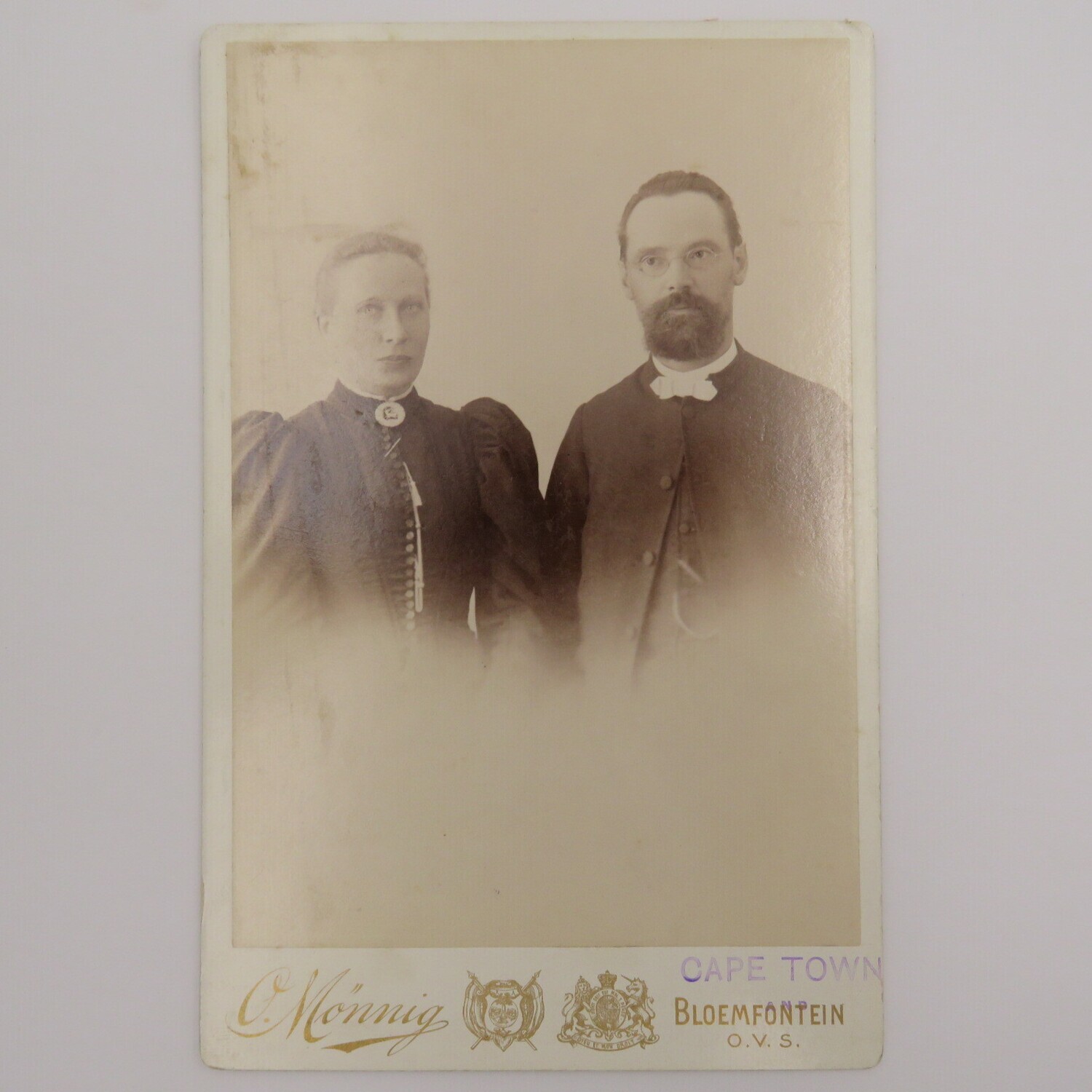 Antique large photo taken in Bloemfontein early 1900&#39;s by photographer O Monnig. - Photo is of Husband and wife of the Schmidt family who just immigrated from Berlin