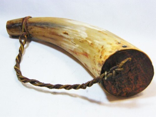 Antique muzzleloader musket powder horn - made of horn