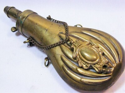Antique American embossed brass scallop shell gun powder flask - circa 1850&#39;s
