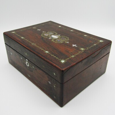 Beautiful Antique wooden trinket box with brass and mother of pearl inlays