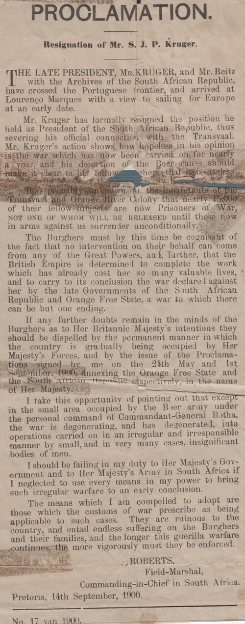 South African Original RARE 14 September 1900 Proclamation by Lord Roberts discrediting Kruger